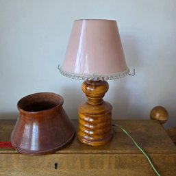 Hand Turned Lamp With Glass Shade And Additional Wood Shade About 12 In