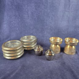 Silver Plate Lot With Glass Coasters - Salt And Pepper - Fisher K206