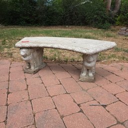 Vintage Concrete Double Lion Pedestal Curved Garden Bench - Heavy Cast Stone Outdoor Lawn Decor