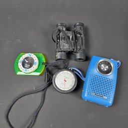 Orientering Or Hiking Essentials - Compass, Binoculars, Transistor Radio Altimeter