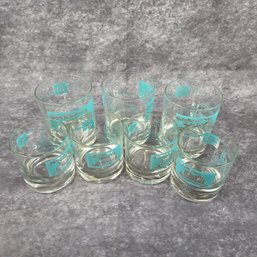 Mid Century Turquoise Steamboat Riverboat Low/Highball Glasses Set Of 7