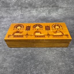 Hand Crafted Wood Marquetry Inlaid Decorative Box Folk Art Figures