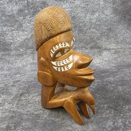 Hand Carved Wooden Sculpture In The Style Of West African Art Bird And Man - Inlays