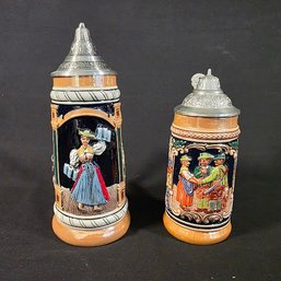 Gerz W Germany Lidded Beer Stein Pair Tavern Scene & Waidmannsheil Pewter Lid