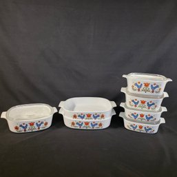 CorningWare Collection In The Country Festival Pattern (also Known As 'Amish Rooster' Or 'Bluebirds')