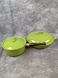 Pair Of Descoware Belgium MCM Avocado Green Cast Iron Enamelware Pots