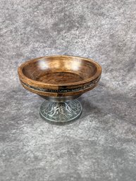 Wooden Pedestal Bowl With Silver-Toned Trim And Silver-Toned Base