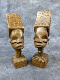 Pair Of Carved Wood Figural Busts With Textured Headdresses