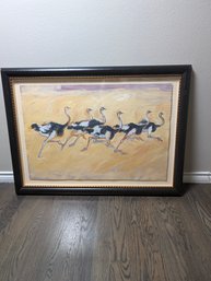 Original Painting On Paper Of Running Ostriches Signed Sarah F....  Large Nicely Framed Art