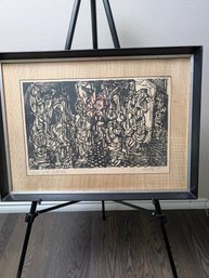 1955 Pencil Signed Wood Cut - Dance Of The Carthusians MCM Abstract Cubist Or Brutalist Art By Don Katz
