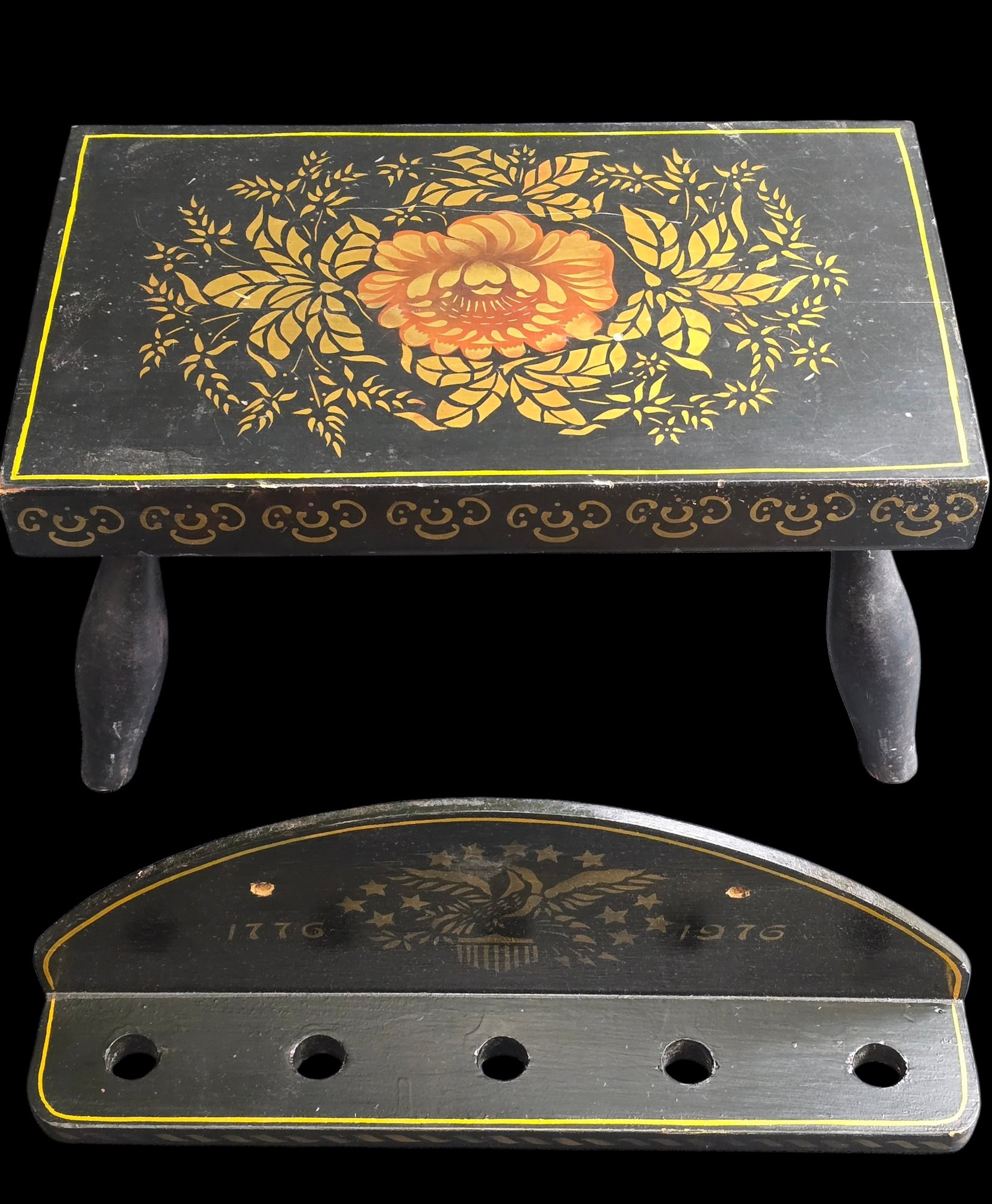 Antique Folk Art Wooden Foot Stool Hand Painted With Wall Shelf #10643 ...
