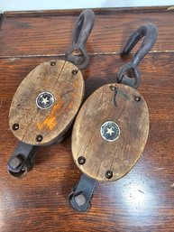 Pair Of Vintage Wood Block Pulleys, Block & Tackle
