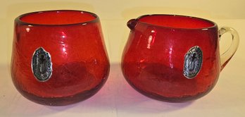 Ruby Glass Hand Blown Sugar And Creamer
