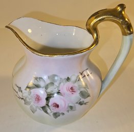 T & V Limoges Pink Flowered China Pitcher With Gold Gilded Lip And Handle