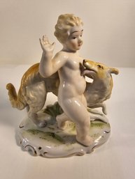 Vintage Porcelain Child And Dog  Figurine 'Pauluy' Made In Occupied Japan