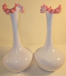 Pair Of Vintage Satin Glass Ruffle Top Vases