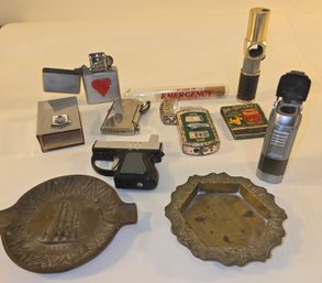 Smoker Tobacco Lighter Lot With Unique Ashtrays