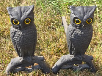 Vintage Black Metal Yellow Eye Owl Andirons