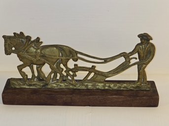 Vintage Brass Farmer And Horse & Plow Doorstop