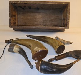 Antique Wood Box Filled With Antique Powder Horns