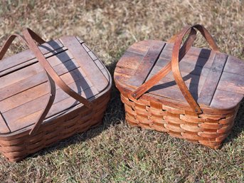 2 Vintage Hinged Lid Woven Picnic Baskets 2 Handled