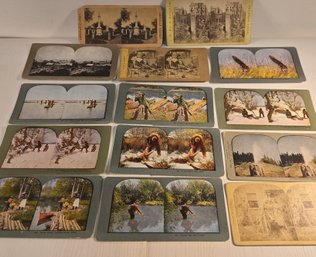 Lot Of 14 Antique Stereo View Cards Some Hunting And Fishing