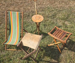 Vintage Seating Lot- Cane Seat, Child's Lounge Chair And 2 Camp Short Stools