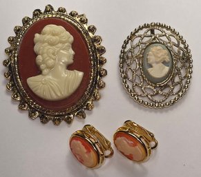 Vintage Cameo Brooches & Earring Lot