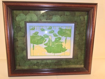 Hand Made Framed Art Paper Mat With Eucalyptus Leaves Frogs & Lilypad's