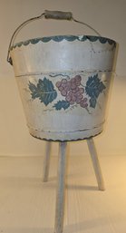 Vintage Painted Wooden Sap Bucket With Bail Handle On Legs