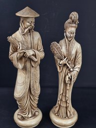 Pair Of Vintage Resin Statues Nobel Asian Man & Women