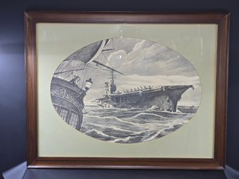 Framed Vintage Naval Ship Print With Old Galleon Ship Forefront