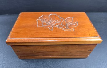 Vintage Wooden Trinket Box With Carved Rose Top