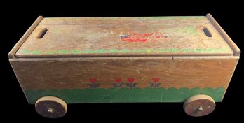Antique Wooden Toy Chest/ Box Painted Decoration On Wheels