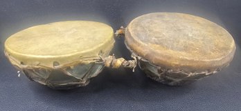 Pair Of Antique Copper & Handmade Hide Double Drum Set