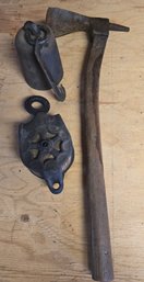 Antique Adze, Large Scale Weight, Antique Wood And Cast Pulley