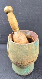 Antique Mortar & Pestle  Old  Green Paint