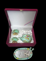 Marked 99 % Silver, Korean Silver And Colisonne' Enamel Floral Condiment And  Tea Set,   20.49 Troy Ounces