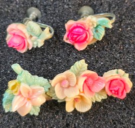 Vintage Hand-carved Celluloid Floral Brooch & Matching Earrings
