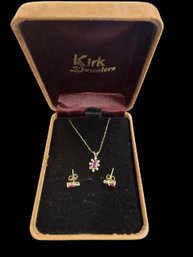 14k Gold Necklace And Earrings , Possible Rubies, 1.7grams  Total Weight