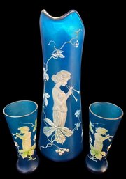 Antique 3 Piece Mary Gregory Style Blue Satin Glass Set Enamel Decoration Front