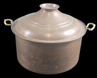 Large Lidded Antique Copper Pot With Brass Ring Handles