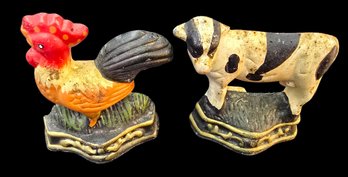 Pair Of Vintage Cast Iron Door Stops Cow & Chicken