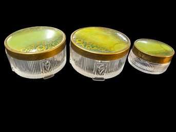 Set Of 3 Vintage Ribbed Glass Vanity Jars With Floral Painted Brass Lids