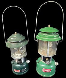Pair Of Coleman Green Enamel Fuel Lanterns