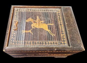 Antique Japanese Meiji Era Inlaid Wood Cigarette Dispenser With Pop-up Figure