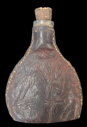 Antique Leather Shot Flask With Glass Float Neck And Original Cork