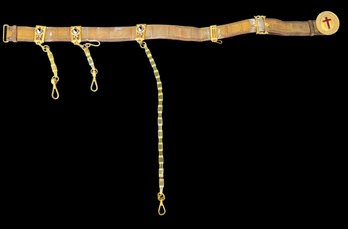 Antique Knights Templar Sword Belt With Enamel Belt Sword Slides And Chains, Fraternal Ceremonial Belt