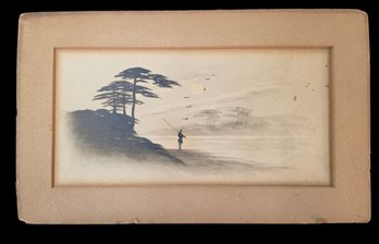 Japanese Ink Wash Landscape Of Fisherman By Misty River