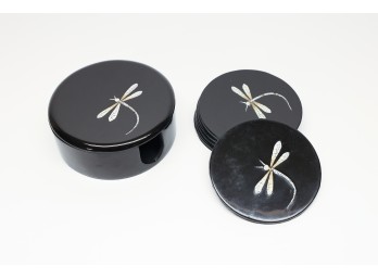 Asian Black Lacquer Coaster Set, Inlay Dragonfly